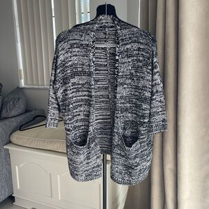 Monoprix Open Cardigan Black White 3/4 Short Sleeve Sweater Chunky Knit M